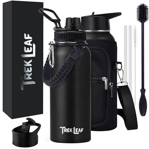 Travel Water Bottle with Carrying Bag, 3 Lids (Spout, Straw, Flip), and Bottle Brush; Leak Proof, Quality, Vacuum Insulated, Stainless Steel (Black, 32 oz) - color: Black, size: 32 Ounces