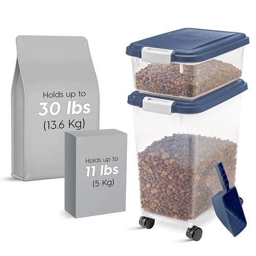 IRIS USA Dog Food Storage Container, Up to 30+11 lbs, Gray/Dark Gray | Made in the USA, Includes 2-Cup Scoop & Wheels, Airtight Seal, BPA-Free, Bird Seed, Cat food, Cat Litter, Treats, Toys - color: Navy