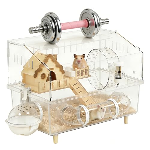 Clear Acrylic Hamster Cage 8 in 1 Kit, Transparent Habitat Top Ventilation & Easy Clean, Rounded Edges Enclosure for Desk/Living Room, Dwarf Hamster Cage,Gerbil, Mice & Small Animals