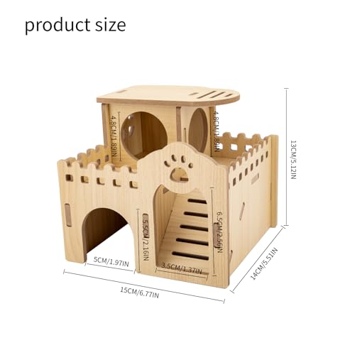 Natural Wood Hamster Habitat Hideout Cage Accessories, Maze Cabin with Fun Slide & Double-Decker House, Exercise Toys for Dwarf Hamsters, Gerbils, Mice, Other Small Animals(Only for Small Hamster D)