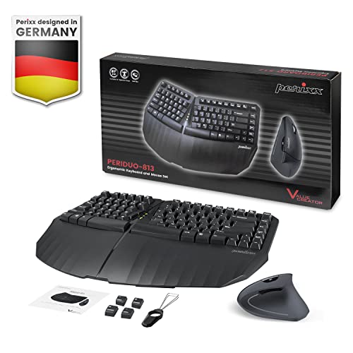 Perixx PERIDUO-813B US, Wireless Ergonomic Compact Keyboard and Vertical Mouse - Multi-Device - Black - US English