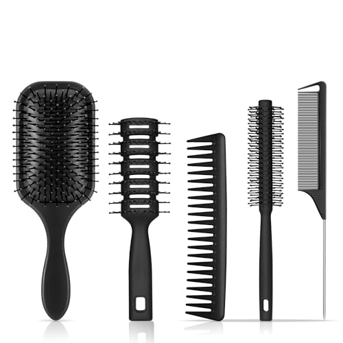 SALONSILK Hair Brush Comb Set, 5PCS Women Men Hair Brush & Styling Comb Set, Wide Tooth Rat Tail Fine Tooth Paddle Roller Combs, Professional Barber Tools for All Types - size: Large