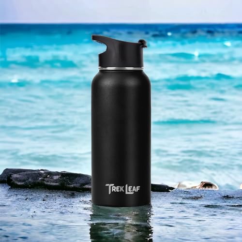 Travel Water Bottle with Carrying Bag, 3 Lids (Spout, Straw, Flip), and Bottle Brush; Leak Proof, Quality, Vacuum Insulated, Stainless Steel (Black, 32 oz) - color: Black, size: 32 Ounces