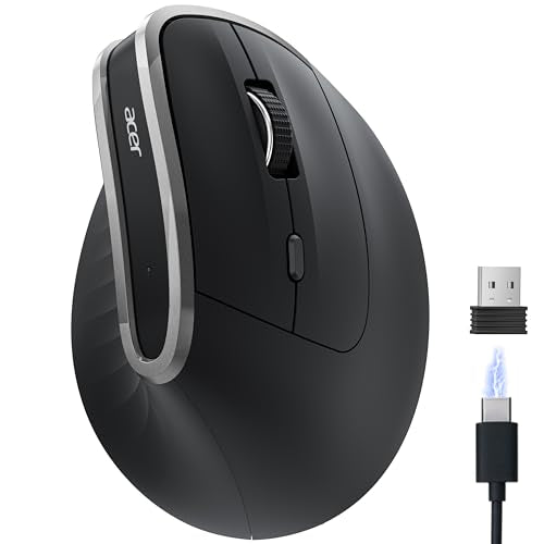 Acer Ergonomic Mouse Wireless, Vertical Computer Mouse for Laptop, PC | Office Ergo Mice Rechargeable for Medium to Large Sized Hands, 58° Tilt, 2.4G USBA Receiver, 800/1200/1600 DPI, 6 Buttons - size: Large