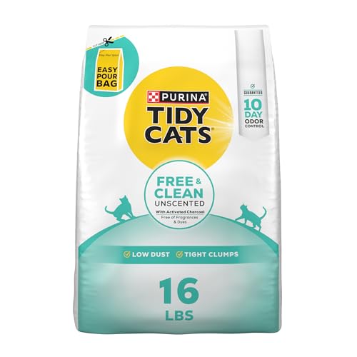 Purina Tidy Cats Free and Clean Unscented Clumping Cat Litter, 16 lb Bag | Activated charcoal formula delivers powerful odor absorption in an easy-pour design - size: 16 Pound (Pack of 1)