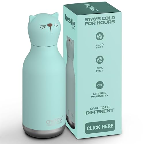 asobu Bestie Water Bottle, Cute Collectible Character, Leak Proof, BPA Free | 16 oz, Stays Cold 24 Hours, Double Wall Vacuum Insulation, Food Grade Stainless Steel, Spill Resistant, Great Gift Idea - color: Cat