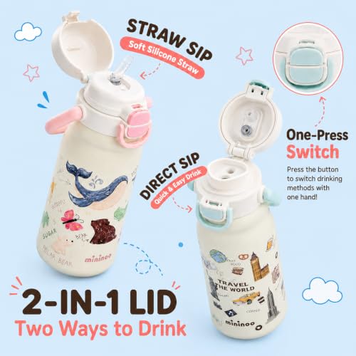 Mininoo 18oz Insulated Stainless Steel Kids Water Bottle for School | 2-in-1 Straw & Spout Lid, Leak-Proof, BPA-Free, for Girls & Boys, White - color: 18oz White-Travel the World