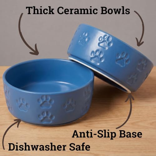 Ceramic Dog Bowl Set of 2 with Anti-Skid Base, 5.5"W x 2"H, 2 Cup Capacity | Thick Ceramic, Dishwasher Safe, Anti-Skid Rubber Base, 2 Cups per Bowl, Ceramic Food and Water Bowls Set of 2 for Small Dogs - color: Blue, size: Small