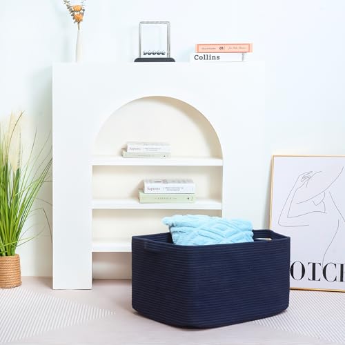22in Extra Large Blanket Basket Holder Living Room, Rectangle Rope Woven Storage Basket with Handles for Laundry, Pool Towels, and Shoes, Dog Toy Organizer Bin Box, Full Navy - color: Full Navy Blue