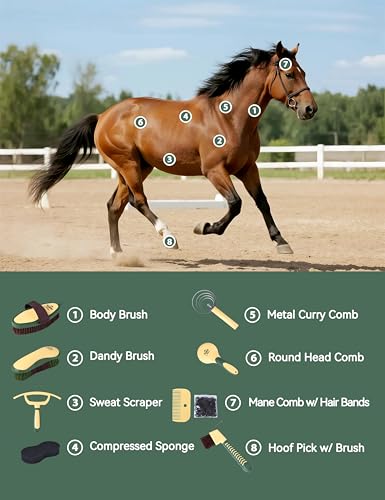 Horse Grooming Kit, 9 Piece Grooming Brush Set with Silicone Curry Comb for Bathing & Shedding Pasture Glow - color: Pasture Glow