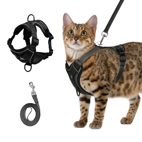 shudyear Cat Chest Harness and Leash Set Adjustable Anti-Escape Soft Mesh Cat Vest for Walking Outdoor (Blcak, XL) - size: XL