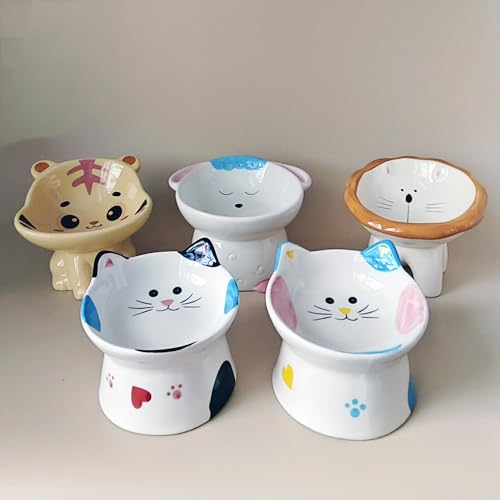 Cute Highland Cow Design Elevated Cat Bowl,Catoon Animal Dish - 15° Tilted Ceramic Pet Food Dish, Anti-Vomit for Cats/Dogs, Wide Mouth, Holds 150g Kibble - color: Blue Cow