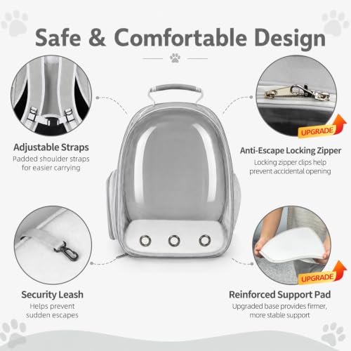 Expandable Cat Carrier Backpack with Bubble Window, Grey | Breathable mesh, anti-collapse frame, side door, safety leash and escape-resistant zippers for vet visits and outdoor travel. - color: Grey