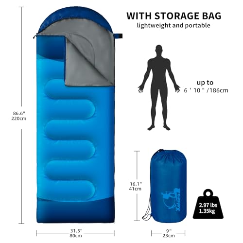 Sleeping Bags for Adults Kids - 3 Season Cold&Warm Weather Waterproof Camping Sleeping Bag - Lightweight Sleeping Bags for Camping Hiking Outdoor Travel - color: Tibetan Blue& Light Blue