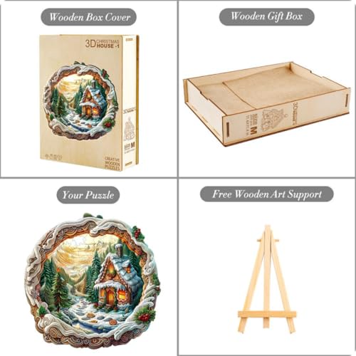 Wooden Puzzles Adults, 3D Christmas House Wooden Puzzles 100 Pieces, Unique Animal Shaped Wood Challenging Jigsaw Puzzles Gifts for Adults, 8.5x8.3in - color: 3d Christmas House, size: Small