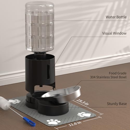 JUNSPOW Cat Water Dispenser with Placemat & Stainless Steel Bowl (4L Black) | Automatic Gravity Water Dispenser for Cats or Small Medium Size Dogs, Large Capacity, Easy to Clean - color: Black, size: 4L + Mat