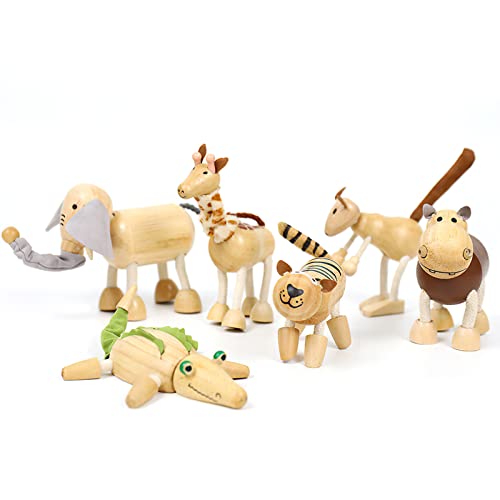 6 Pack Bendable Wooden Animal Figurines Toys, Smooth Natural Wood Zoo Jungle Safari Animals Figures - color: 6 Pack Zoo