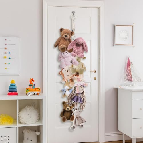 Munzong Stuffed Animal Storage Chain 80 Inch, 4pcs Beige Hanging Organizer | Stuff Animals Cotton Toy Display Chain with 80 Clips Toys Organizers Holder for Room Wall Corner Decor - color: Beige, size: 4 Pack