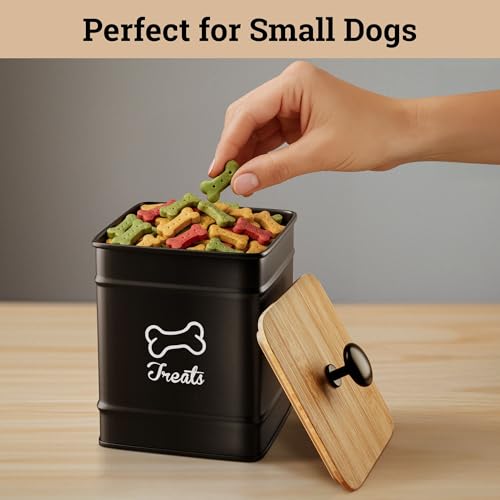 Dog Treat Container with Airtight Bamboo Lid, 5"W x 7"H, 7 Cup Capacity | Fits Most Popular Treats, 7 Cups Capacity, Airtight Bamboo Lid, Easy Open Metal Lid Handle, Dent-Resistant Durable Metal - color: Black - Small