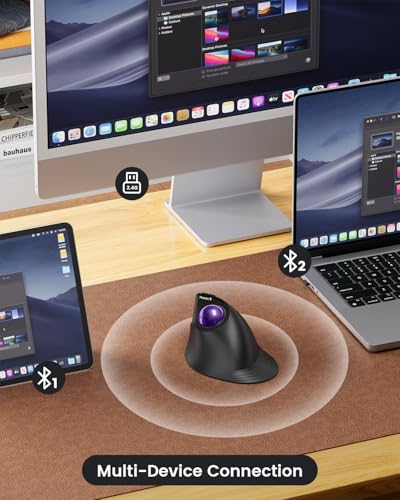 ProtoArc EM05 NL Wireless Vertical Trackball Mouse, 5 DPI Levels, Purple | 62° Vertical Design Supports a Natural Wrist Posture, Connect 3 Devices Via Bluetooth/2.4G USB-A, 500mAh Rechargeable Battery - color: Purple