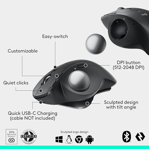 Logitech MX Ergo S Advanced Wireless Trackball Mouse USB C - Graphite | Advanced ergonomic design, rechargeable battery, Bluetooth and encrypted dongle, 6 programmable buttons, PC/Mac compatible - color: Graphite