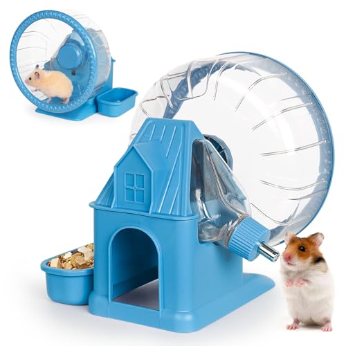 Vannon 4 in 1 Quiet Hamster Exercise Wheel, Multi Functional Hamster House with Running Wheel, Water Bottle, Food Bowl and Hideout, Small Animals Exercise Running Toys for Hamsters Gerbils Mice, Blue - color: Blue