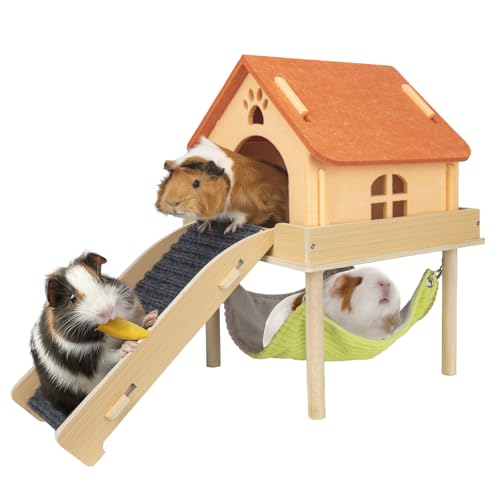 BESNEW 3 in 1 Enlarged Guinea Pig Hammock,Wooden Guinea Pig Hideout with House & Platform & Stairs Small Animal Toys for Hiding Sleeping Activities - color: Orange Roof