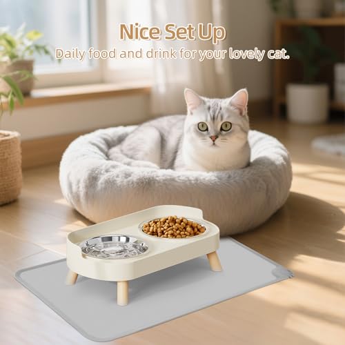 Elevated Cat Bowl with Food Mat, Raised Cat Food and Water Bowl Set for Indoor Cats, Splash Proof with 2 Stainless Steel Pet Food Bowls for Cats and Puppies,Whisker Fatigue and Dishwasher Safe (White) - color: Cat Bowls with mat - white