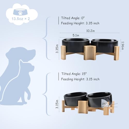 SPUNKYJUNKY 15° Slanted Ceramic Dog and Cat Bowl with Wooden Stand, Tilted Bulldog Food and Water Bowl No Slip Non-Spill for Cats Medium Dogs Big Face Pets 13.5 OZ (1.7 Cups, Black × 2) - color: Black, size: 1.7 CUPS × 2