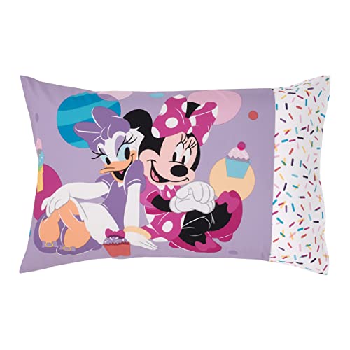 NoJo Disney Minnie Mouse Let's Party Pink, Lavender, and White Balloons, Cupcakes, and Confetti 2 Piece Toddler Sheet Set - Fitted Bottom Sheet and Reversible Pillowcase - color: Minnie Mouse Let's Party Pink