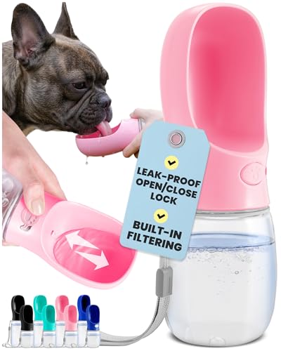 MalsiPree On the Go Dog Water Bottle - 12 oz Pink, Leak-Proof | 12oz leak-proof bottle & built-in bowl - one-hand use - Use for dog travel, hiking, park & beach days - color: Pink, size: 12oz - Standard