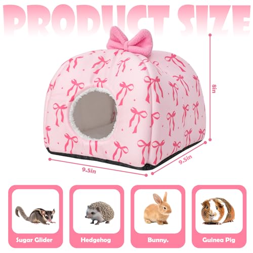 JarThenaAMCS Washable Guinea Pig House Bed Pink Bow Bunny Hideout Cage Accessories Reusable Hideaway for Ferret Hedgehog Small Animal, 9.5 x 9.5 x 8 Inch