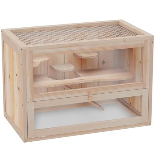 Wooden Hamster Cage, Animal Cabinet for Dwarf Syrian Hamsters Degus, Hamster Habitat with Openable Top and Large Acrylic Sheets, Natural Wooden Hamster Habitat with 2 Openable Door. Shipping from USA