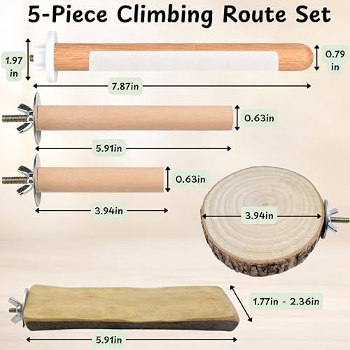 Sugar Glider Cage Accessories Nail File, 5-Piece Wood Climbing Set | Two Smooth Climbing Bars, Two Rest Platforms and One Bar with a Small Filing Zone (Climbing Toy)