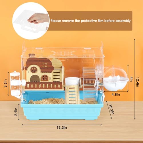 Acrylic Hamster Cage Small Hamster Habitat 360 Viewing Hamster Enclosure with Running Wheel & Hideout for Dwarf, Guinea Pig, Gerbils, Blue, 13.3" L*10.2" W*12.4" H - color: Blue