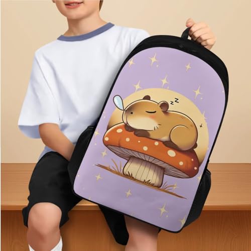 Mushroom Copybara Backpack and Lunch Bag Set for Girls Bookbags for 2Nd Grade Kids Water Bottle Holder and Large Capacity Pencil Case 4 in 1 Set School Presents for Daughter/Son - color: Mushroom Copybara
