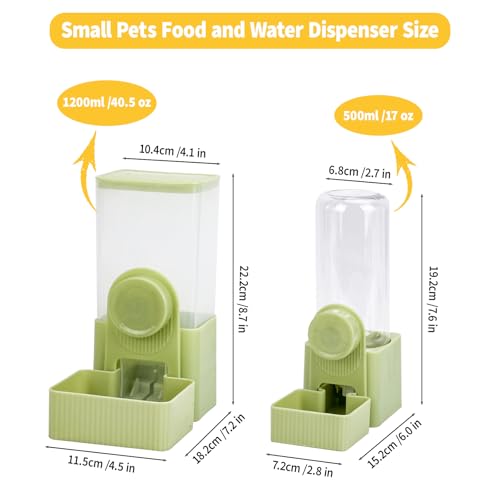 Hanging Automatic Pet Food Water Dispenser, Rabbit Feeder for Cage, 40.5 oz and 17oz Auto Gravity Feeding Station Set for Guinea Pig Cat Puppy Hedgehog, Ferret Bunny Accessories