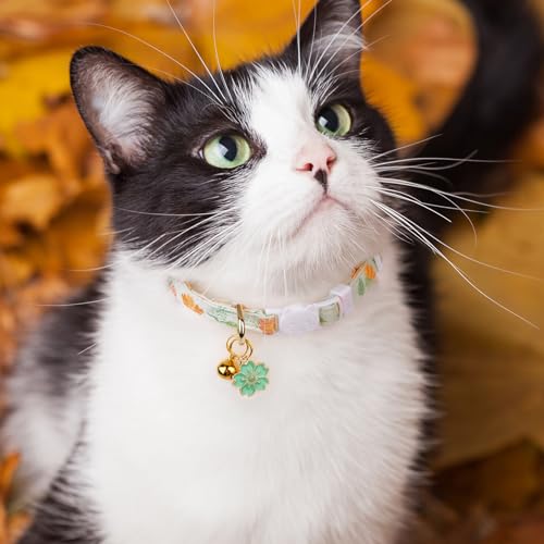 2 Pack Cotton Cat Collar Beige and Green Flowers Cute Kitten Cat Collar | Breakaway Breathable Soft material With cute pendants with Bell - color: Beige&Green