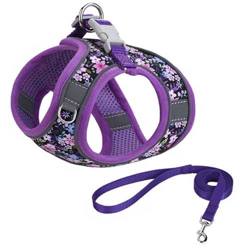 Step in Dog Harness No Pull Flower Adjustable Soft Mesh Harness | Reflective Pet Vest Harness and Leash Set for Small Medium Dogs - color: Purple, size: S(neck:10.5"-12",chest:13.5"-16")