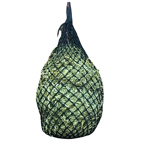 Majestic Ally 1.25”x1.25” Holes Ultra Slow Feed 40” Very Sturdy Hay Net with Bottom Ring for Goat, Sheep, Simulate Grazing and Reduces Waste (Black) - color: Black
