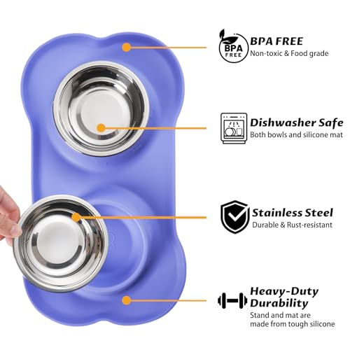 Hubulk Pet Dog Bowls 2 Stainless Steel Dog Bowl with No Spill Non-Skid Silicone Mat + Pet Food Scoop Water and Food Feeder Bowls for Feeding Small Medium Large Dogs Cats Puppies (Small, Purple) - color: Purple, size: Small