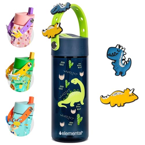Elemental Water Bottles for Kids - Splash Kids Water Bottle for School with Fun Charm Handle - BPA Free Tritan Plastic Bottle with Straw Leak Proof When Spout is Closed - 18oz - Dinosaur Friends - color: Dinosaur Friends