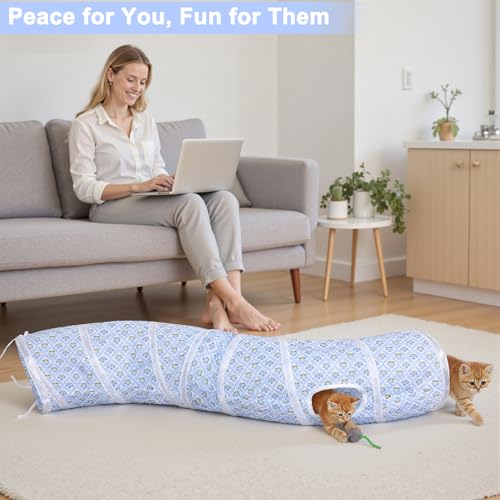 Glittme S-Shape Cat Tunnel, Foldable Cat Tunnels for Indoor Cats | Interactive Bunny Tunnel And Cat Tubes With Crinkle Sounds. Ideal For Kittens, Ferrets And Small Pets To Hide, Play Or Rest - color: Blue Flowers