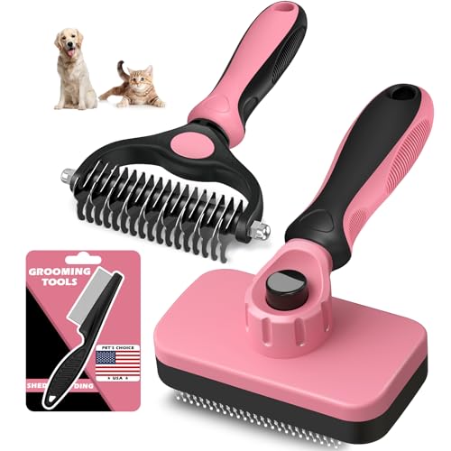 Professional 3PCS Self Cleaning Slicker Brush & Pet Grooming Rake & Flea Comb for Dogs,Cats and Horses | Double-Sided Dematting Comb & Skin Friendly Deshedding Grooming Tool (Light Pink) - color: Light Pink