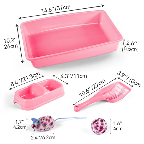 PAWISE Cat Litter Box Set, Small Kitten Starter Kit, Includes Litter Box, Litter Scoop, Double Dish Feeding Bowl, Cat Mouse Toy, Kitty Ball Toy, Pink - color: Pink