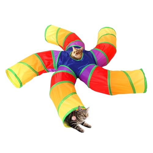 Pet Cat Tunnel, 5 Way Tunnels for Indoor Cats, Collapsible Pet Tunnel for Kitten, Puppy, Rabbit, 25cm-Wide Tunnels, Durable & Breathable, with Peek Hole Toy Ball - color: Angled 5-way Junction Tunnel & Rainbow