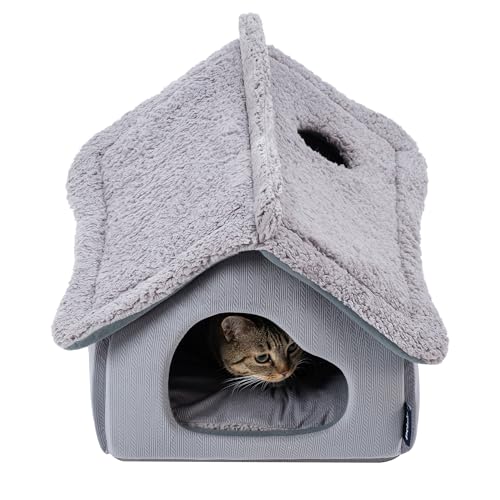 Cat Houses for Indoor Cats - Large Cat Cave Bed with Removable Support Foam and Washable 2-Side Mat - Covered Cat Bed for Cat Hideaway - Enclosed Cat Hideout for Kitten and Small Pet, Grey