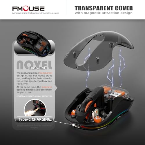 FMOUSE Transparent Wireless Mouse, Tri-Mode Bluetooth & 2.4GHz, Black | USB-A & USB-C Receiver | Rechargeable | 3 Devices for MacBook Laptop iPad PC | Silent Clicks | Portable | RGB | 4-Level DPI - color: Black
