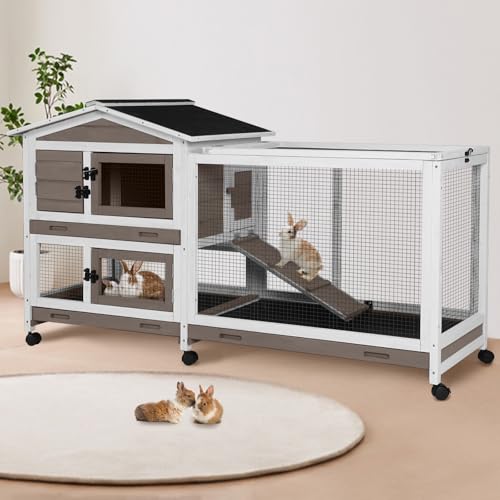 Suumerpety 62" Rabbit Hutch with Chew-Proof Ramp & Waterproof Roof - Indoor/Outdoor Bunny Cage, 2-Story Design, 6 Lockable Caster Wheels & Dual Pull-Out Trays (Brown) - color: (Brown)