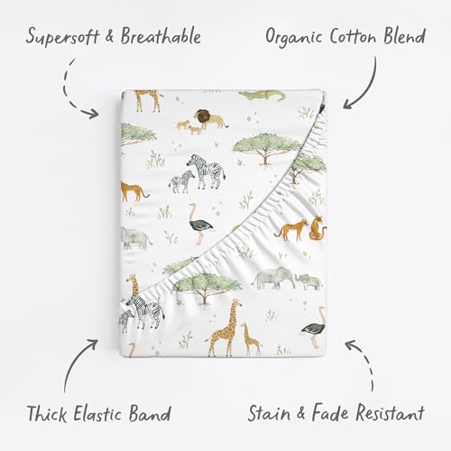 Pack and Play Sheets Fitted, Mini Crib Sheets for Graco Pack N Play Playard (38x26), Ultra Soft Organic Cotton Blend, Safe & Snug Playpen Mattress Sheet for Baby Boys & Girls, Safari Adventure, 2-Pack - color: Safari Animals